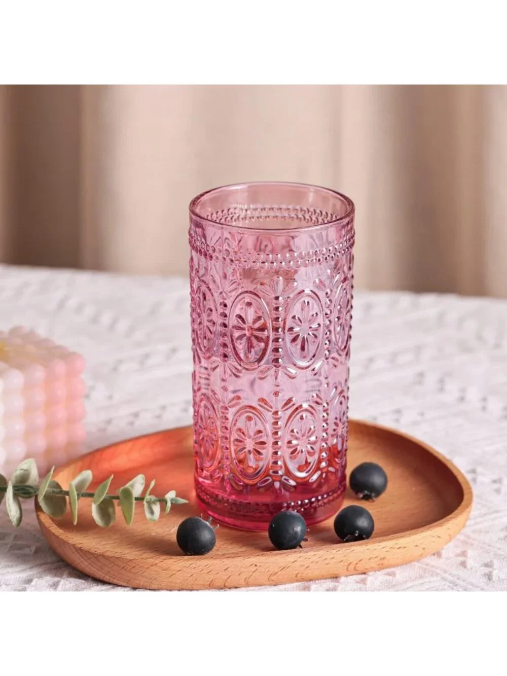 Vintage Pink Highball Glasses Set, 12oz Drinking Glassware, Retro Home Decor
